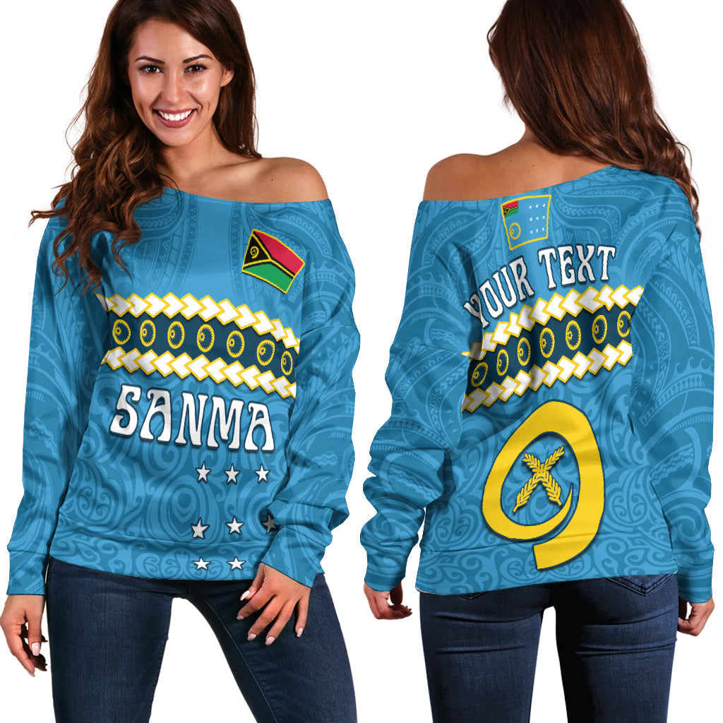 (Custom Personalised) Sanma Province Off Shoulder Sweater Vanuatu Pig Tusk Polynesian Flag Style