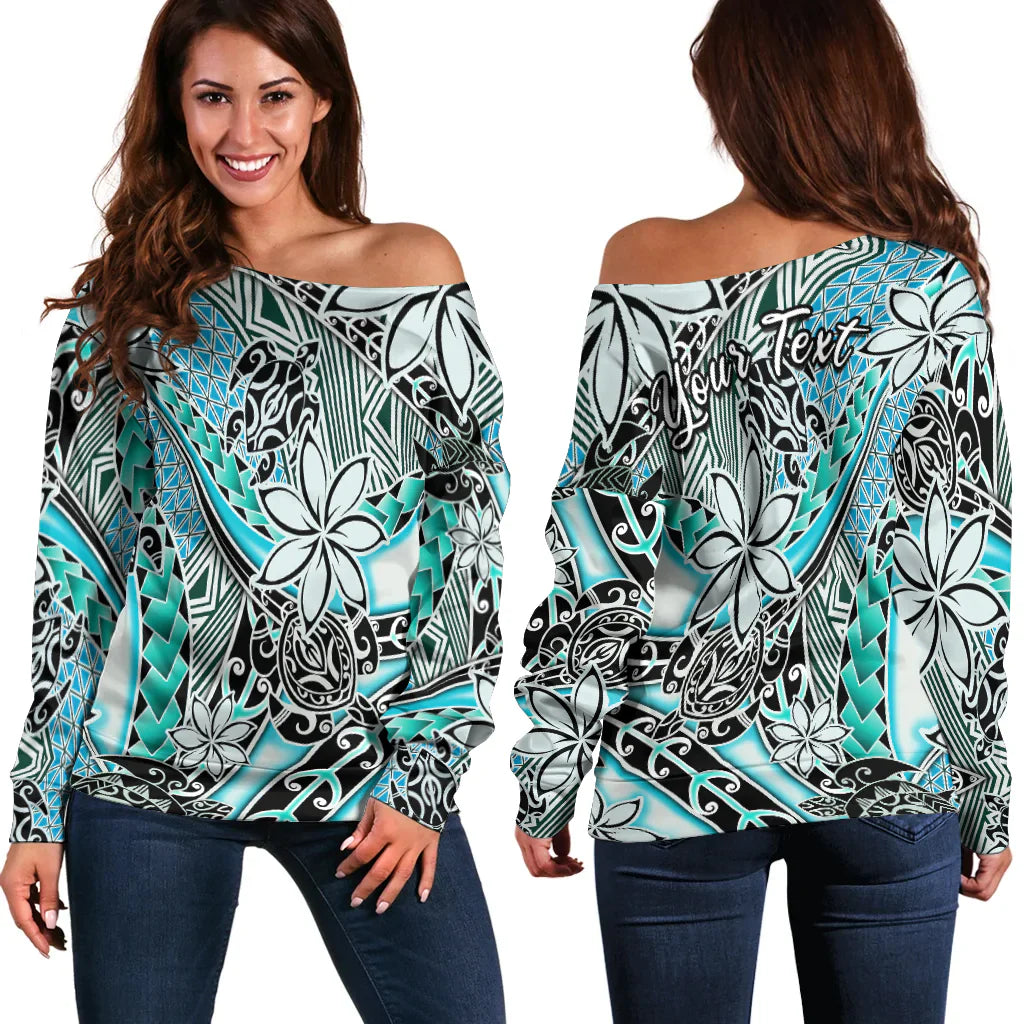 (Custom Personalised) Hawaii Off Shoulder Sweater Tribal Plumeria With Polynesian Turtle Ver.04