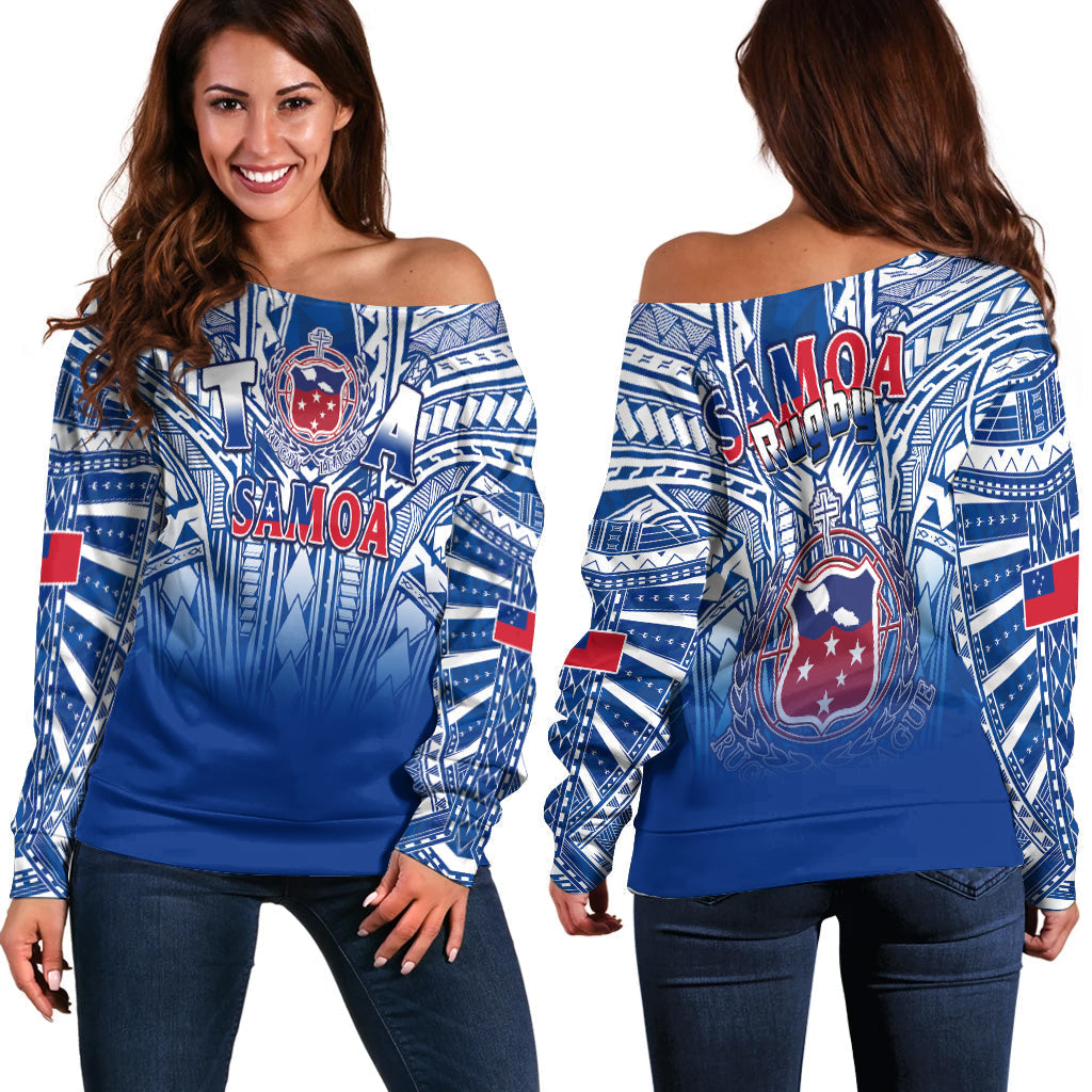 Samoa Rugby Off Shoulder Sweater Toa Samoa Polynesian Pacific Navy Version