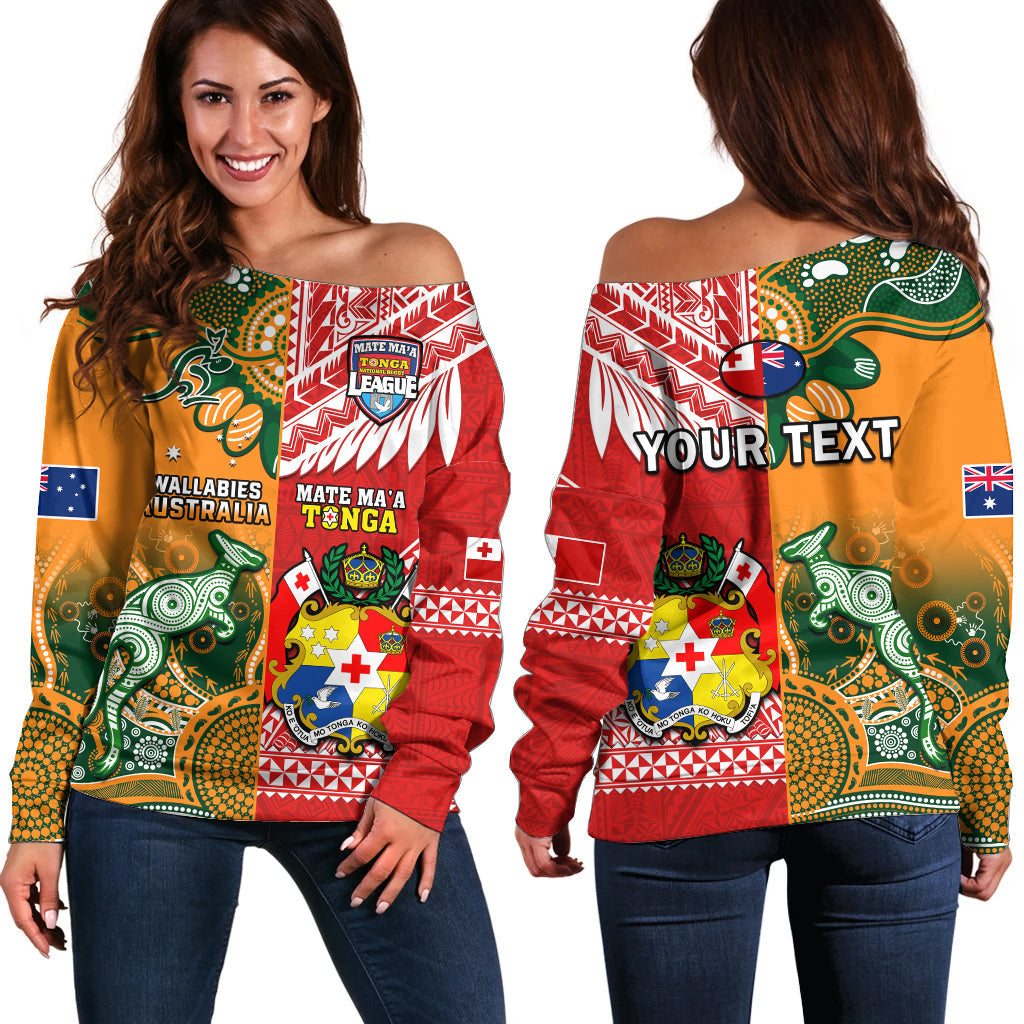 (Custom Personalised) Mate Maa Tonga And Wallabies Rugby Off Shoulder Sweater Polynesian Mix Aboriginal