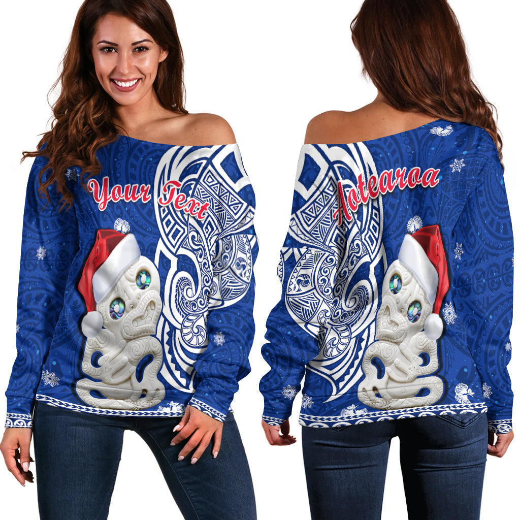 (Custom Personalised) New Zealand Christmas Off Shoulder Sweater Hei Tiki Blue Pohutukawa Meri Kirihimete