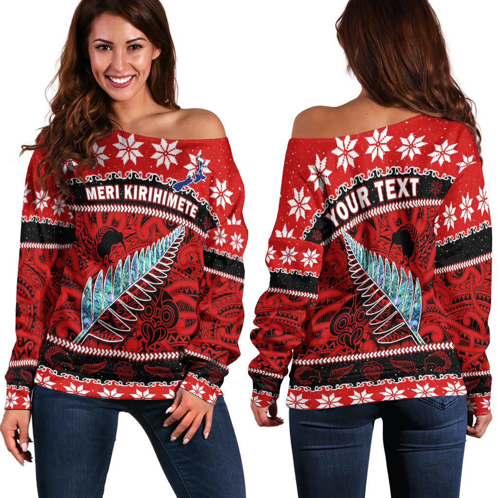 (Custom Personalised) New Zealand Christmas Off Shoulder Sweater Paua Shell Silver Fern Meri Kirihimete