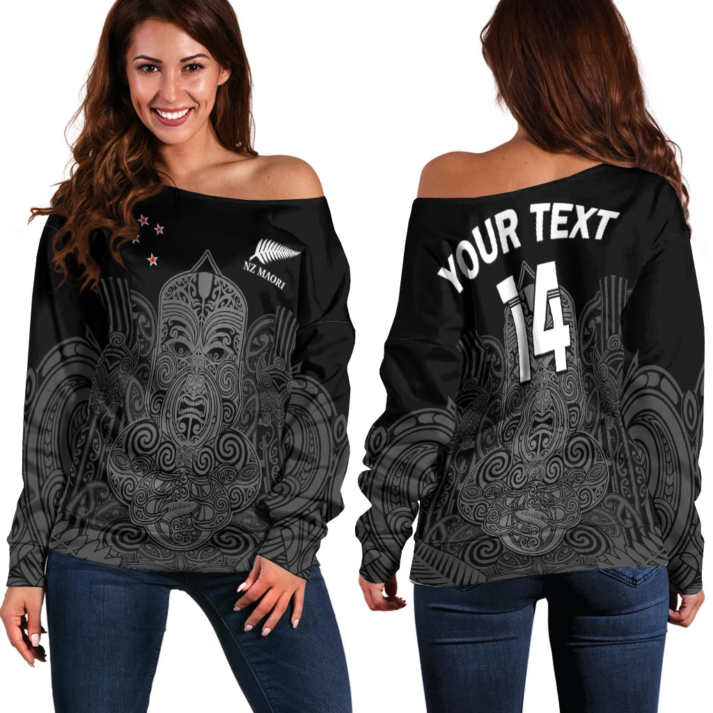 (Custom Text And Number) New Zealand Tiki Rugby Off Shoulder Sweater NZ Maori Koru Pattern