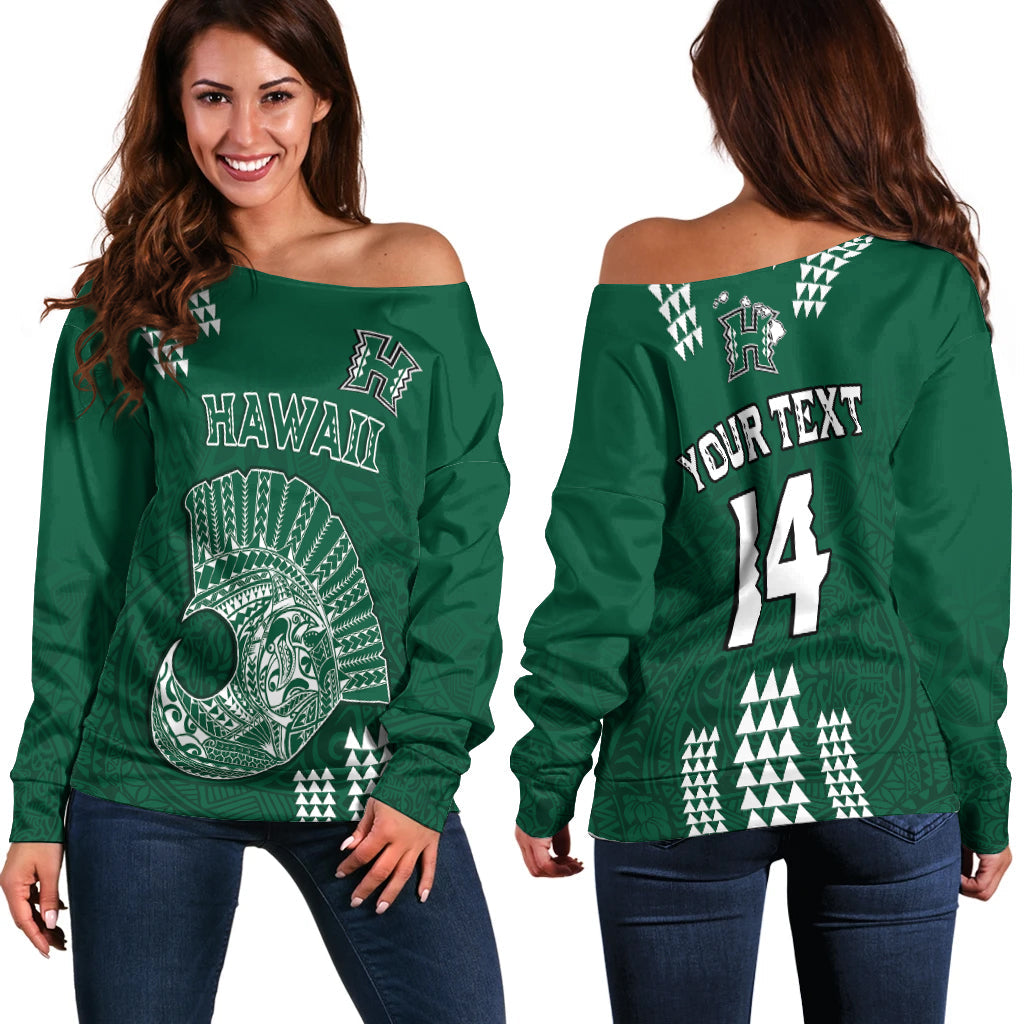 (Custom Text And Number) Hawaii Football Off Shoulder Sweater Kakau Rainbow Warriors Helmet