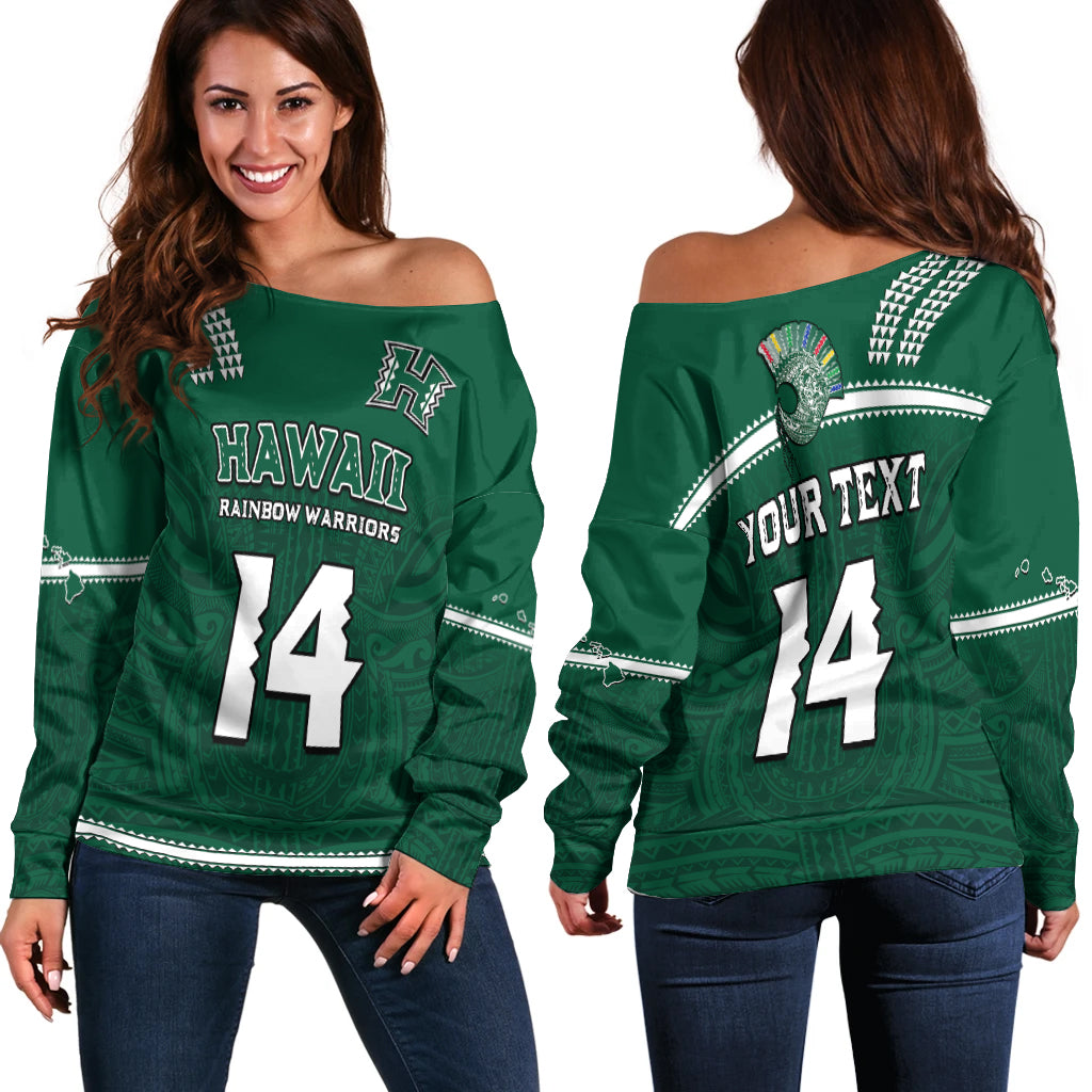 (Custom Text And Number) Hawaii Football Off Shoulder Sweater Kakau Rainbow Warriors Helmet Go Bows