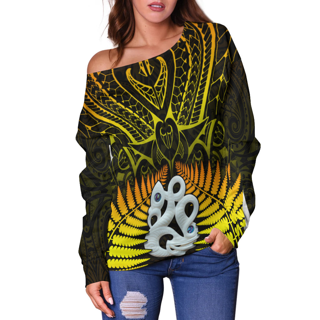Aotearoa Fern Off Shoulder Sweater New Zealand Hei Tiki Gold Style