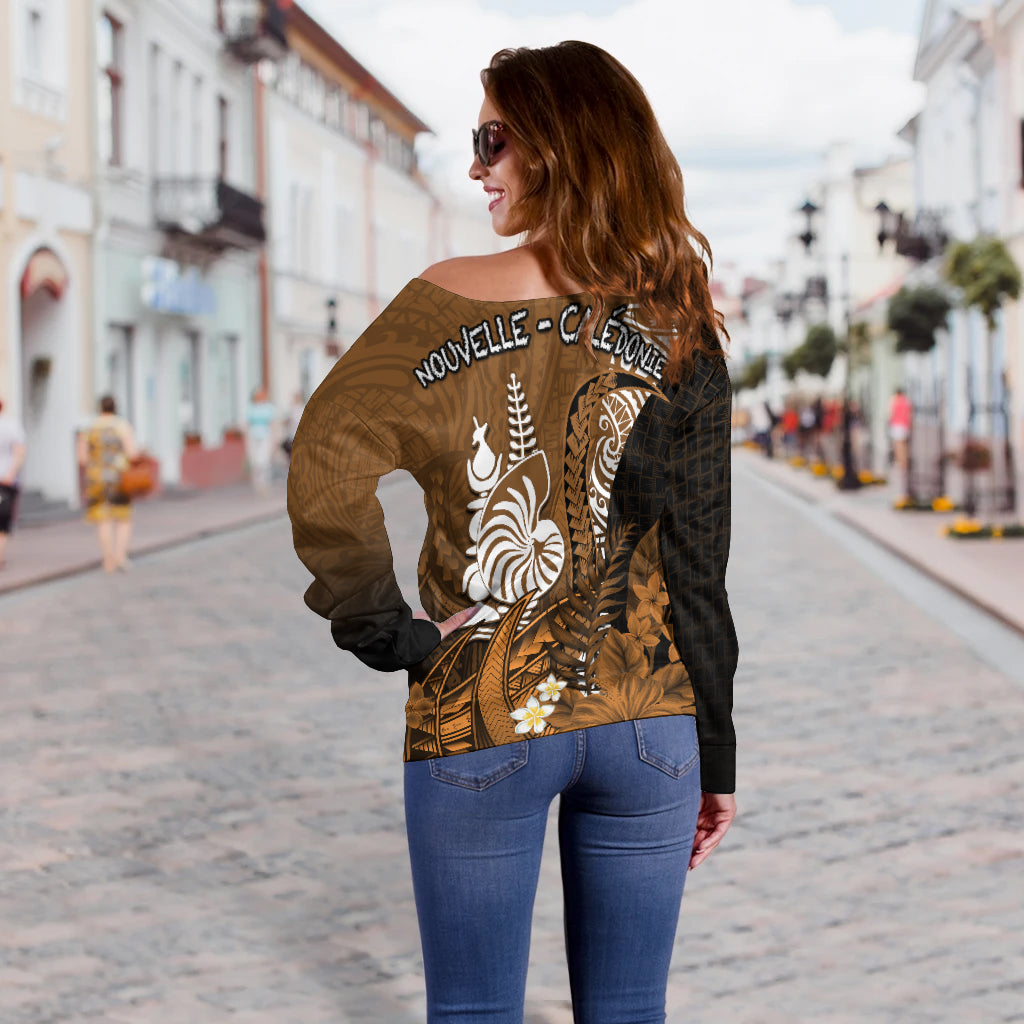 (Custom Personalised) New Caledonia Off Shoulder Sweater Nautilus Gold Polynesian Hibiscus