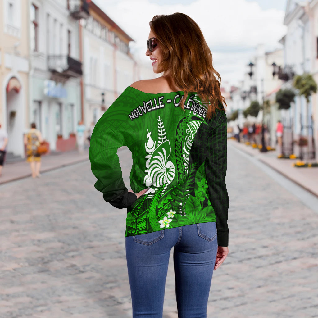 (Custom Personalised) New Caledonia Off Shoulder Sweater Nautilus Green Polynesian Hibiscus