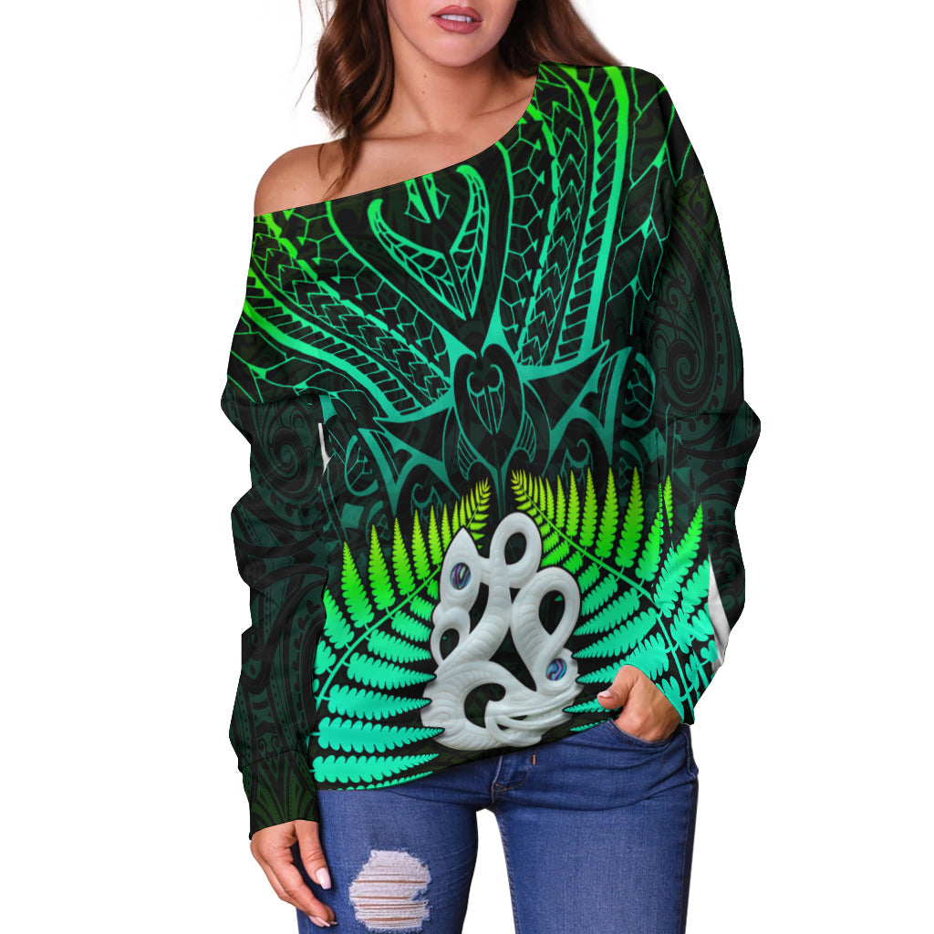 Aotearoa Fern Off Shoulder Sweater New Zealand Hei Tiki Green Style