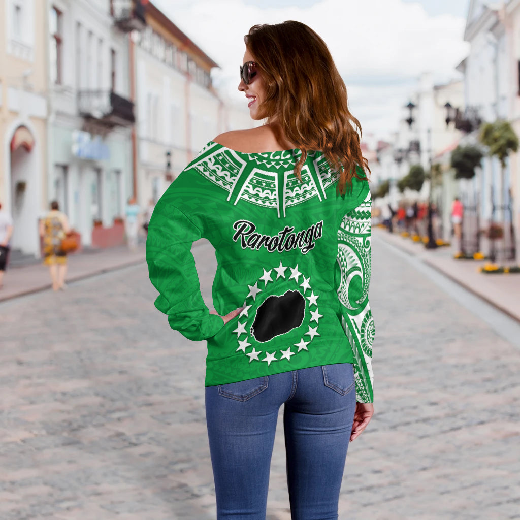 Rarotonga Cook Islands Off Shoulder Sweater Turtle and Map Style Green