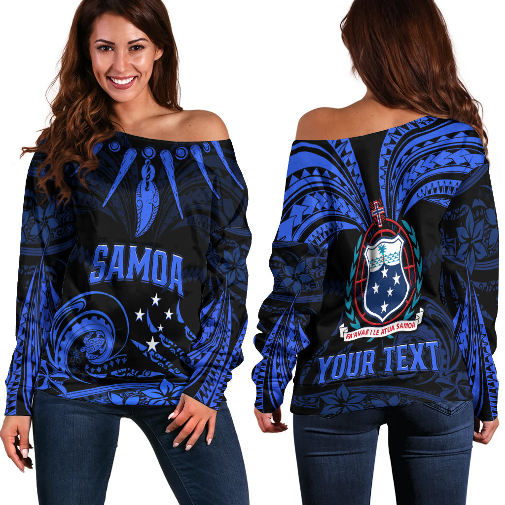 (Custom Personalised) Samoa Tatau Off Shoulder Sweater Blue Polynesian Ula Nifo