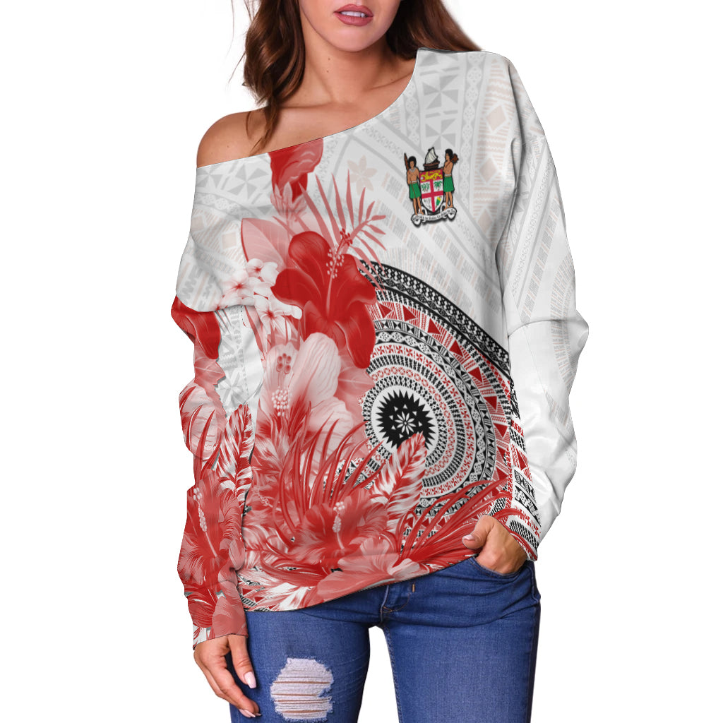 (Custom Personalised) Fiji Tapa Off Shoulder Sweater Red Fijian Masi Be Loved Hibiscus
