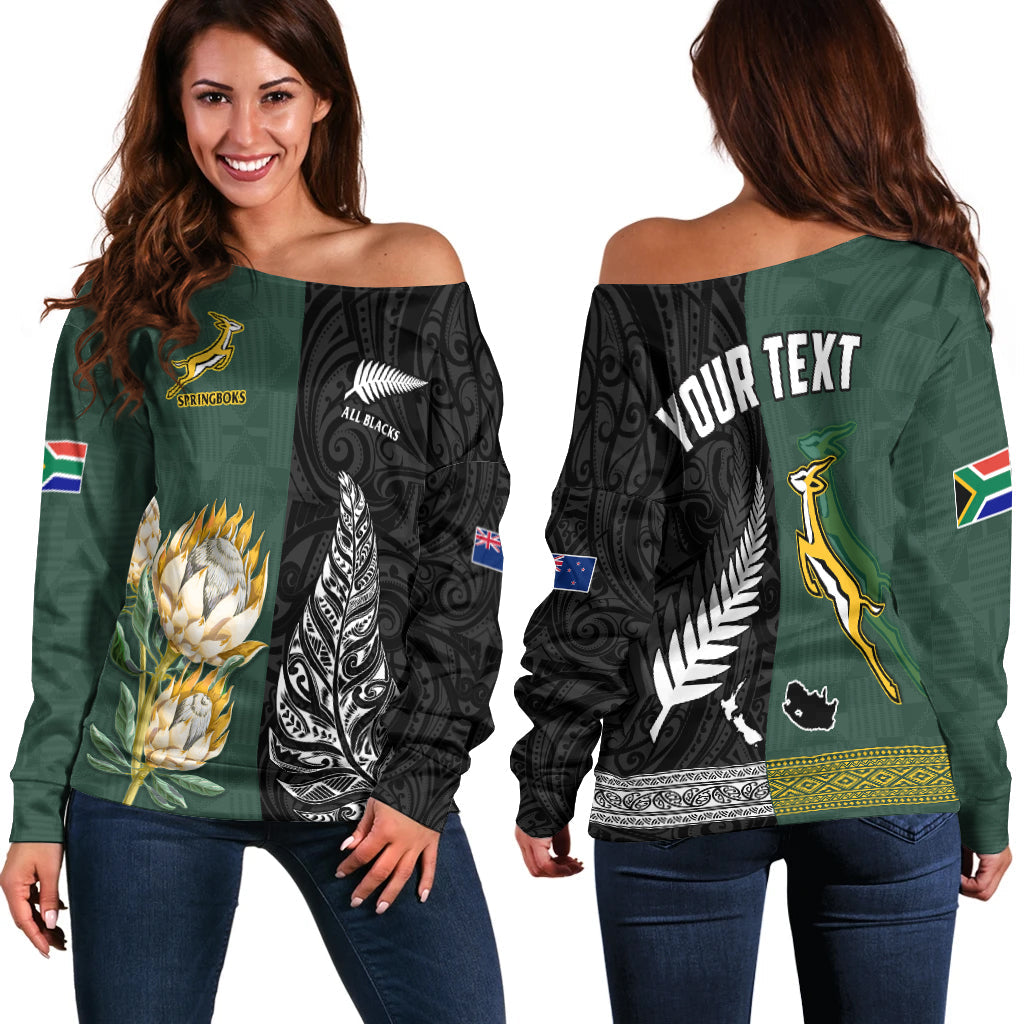 (Custom Personalised) South Africa Protea and New Zealand Fern Off Shoulder Sweater Rugby Go Springboks vs All Black