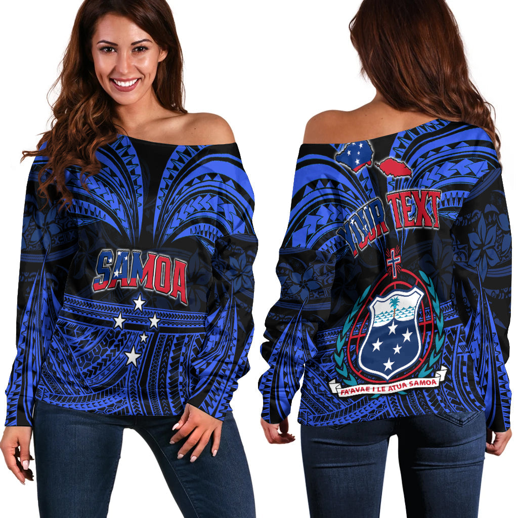 (Custom Personalised) Samoa Tatau Off Shoulder Sweater Blue Polynesian Proud Samoan