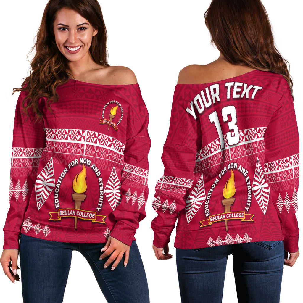 (Custom Text and Number) Beulah College Off Shoulder Sweater Ngatu Pattern Tonga