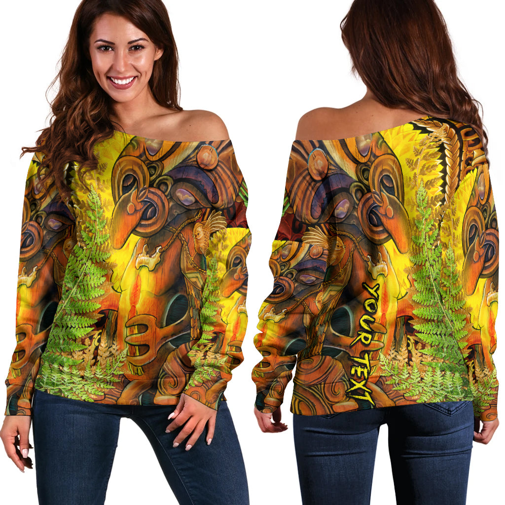 (Custom Personalised) Hei Tiki Maori Off Shoulder Sweater Fern Aotearoa Ta Moko Sun