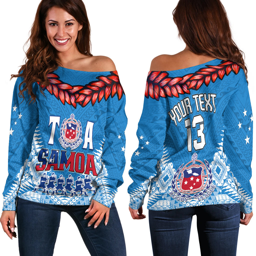 (Custom Personalise Text and Number) Toa Samoa Rugby Off Shoulder Sweater Manu Siva Tau Style Ulafala