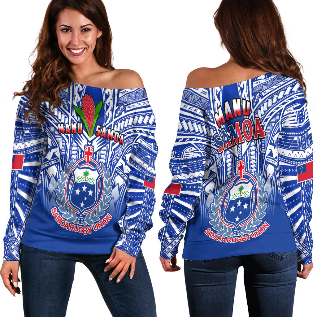 Samoa Rugby Off Shoulder Sweater Manu Samoa 7s Ginger Blue Polynesian