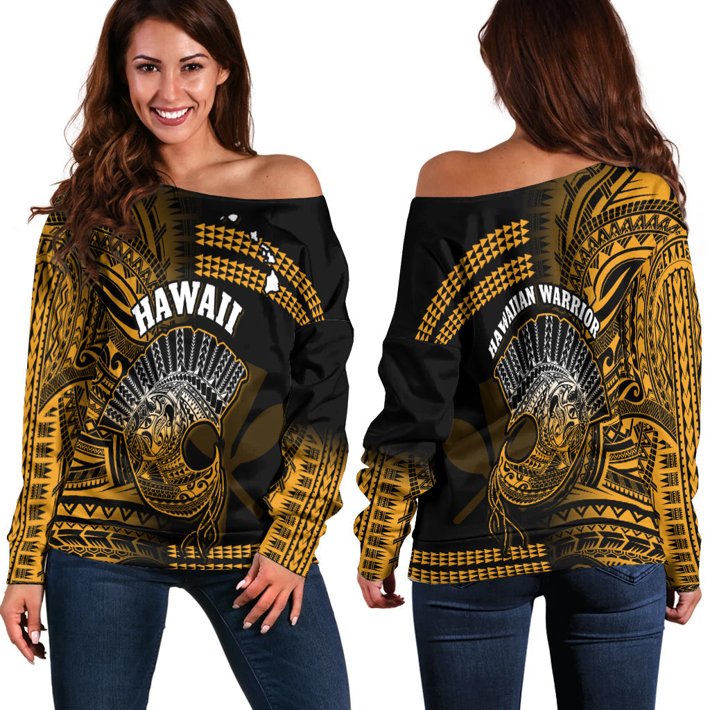 Hawaii Off Shoulder Sweater Kakau Warrior Helmet Gradient Gold Polynesian