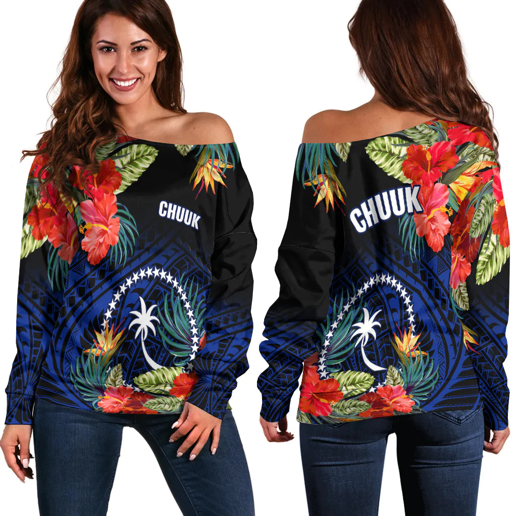 Chuuk State Off Shoulder Sweater FSM Hibiscus Flowers Mix Polynesian