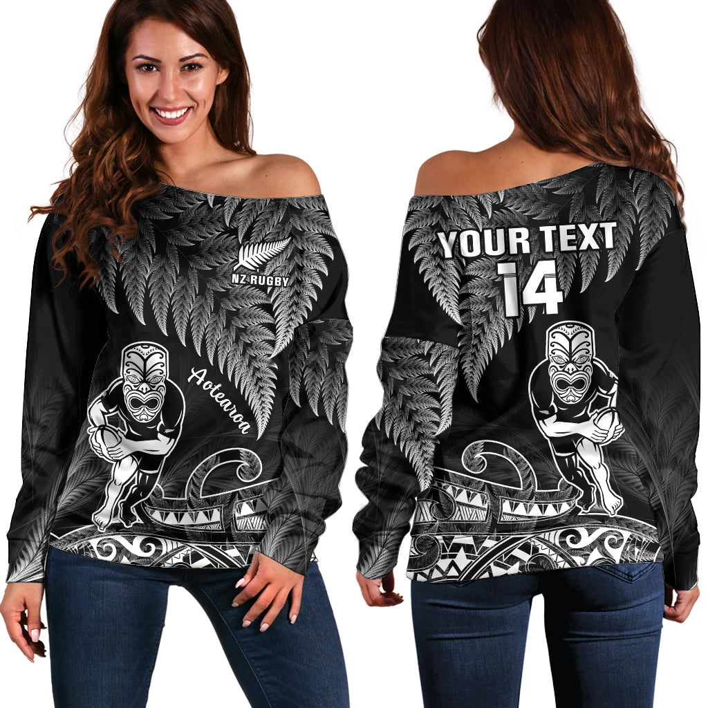 (Custom Text And Number) New Zealand Silver Fern Rugby Off Shoulder Sweater All Black Koru Maori