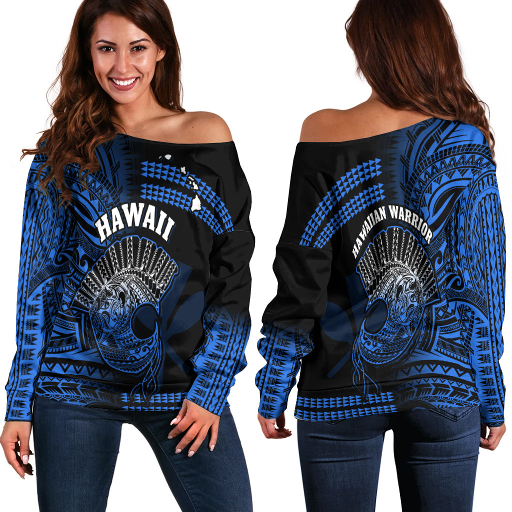 Hawaii Off Shoulder Sweater Kakau Warrior Helmet Gradient Blue Polynesian