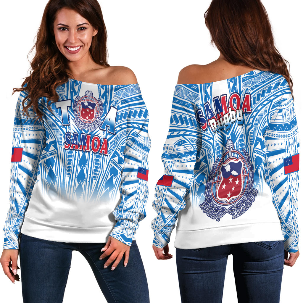 Samoa Rugby Off Shoulder Sweater Toa Samoa Polynesian Pacific White Version