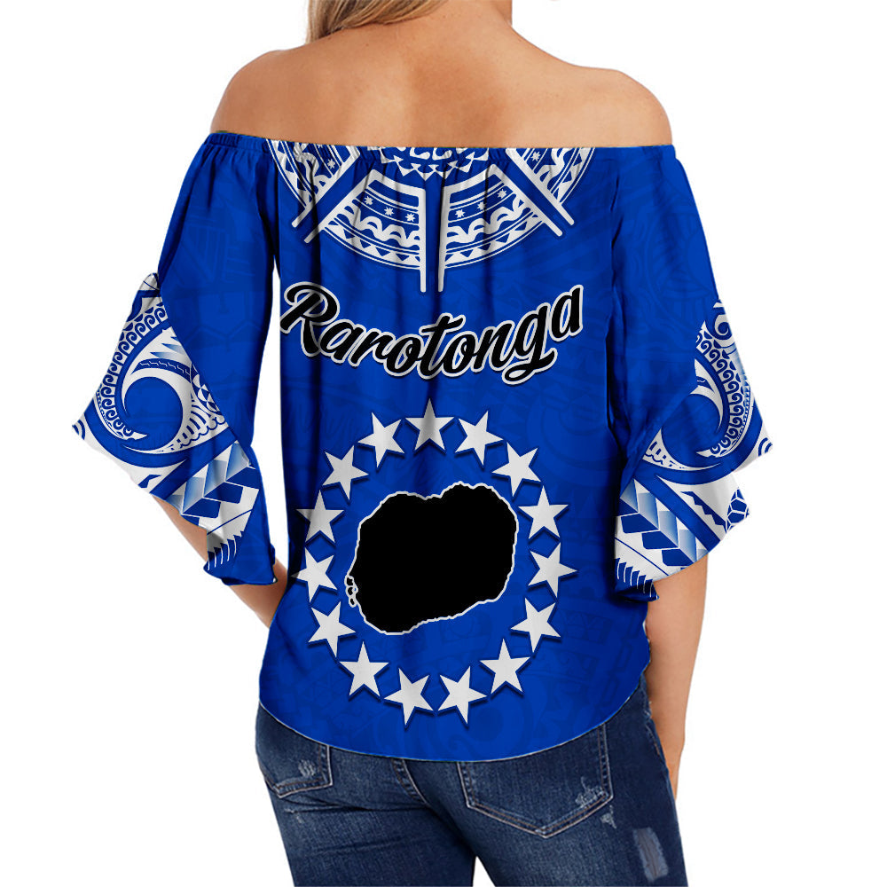 Rarotonga Cook Islands Off Shoulder Waist Wrap Top Turtle and Map Style Blue