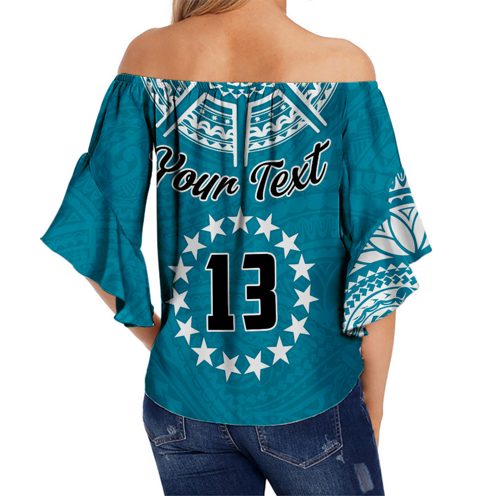 (Custom Text and Number) Cook Islands Tatau Off Shoulder Waist Wrap Top Symbolize Passion Stars Version Blue