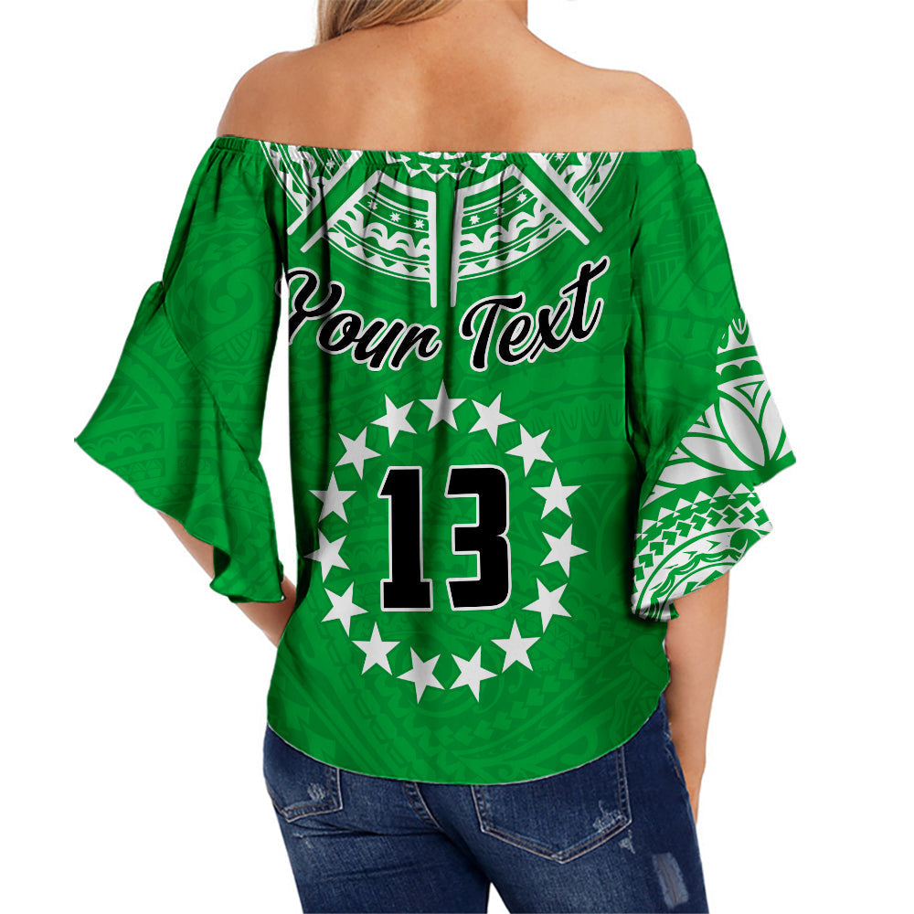 (Custom Text and Number) Cook Islands Tatau Off Shoulder Waist Wrap Top Symbolize Passion Stars Version Green