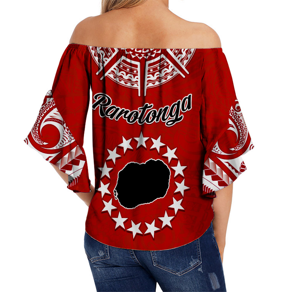 Rarotonga Cook Islands Off Shoulder Waist Wrap Top Turtle and Map Style Red