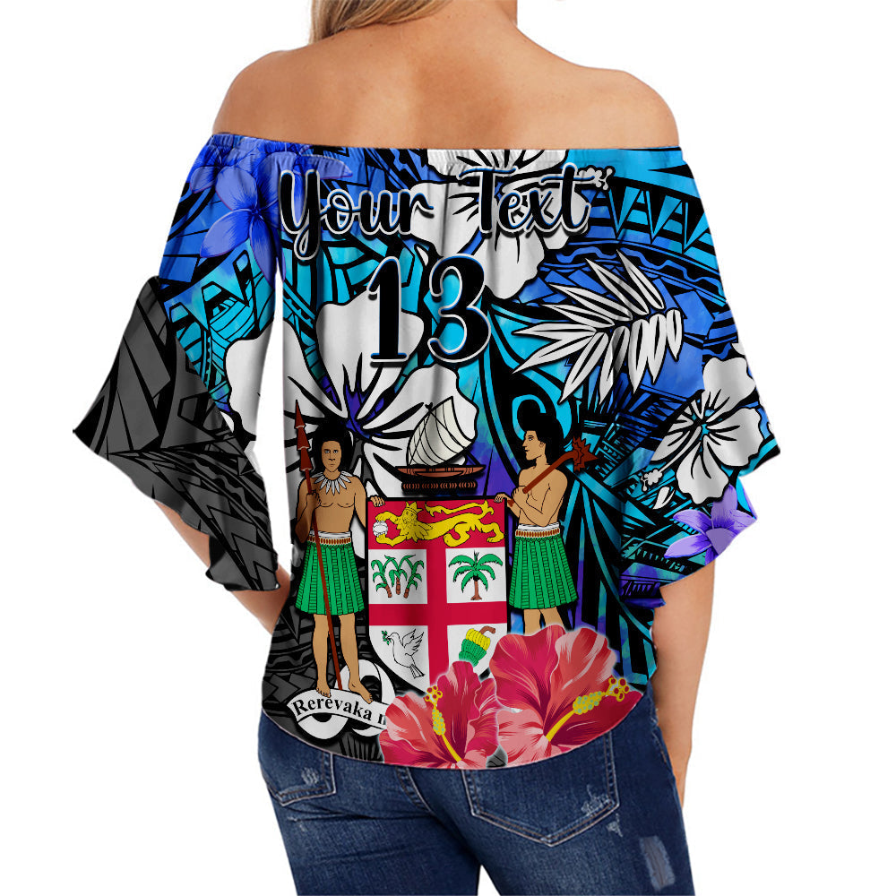 (Custom Text and Number) Fiji Tie Dye Off Shoulder Waist Wrap Top Polynesian Blue Tribal Creative Tropical Flowers