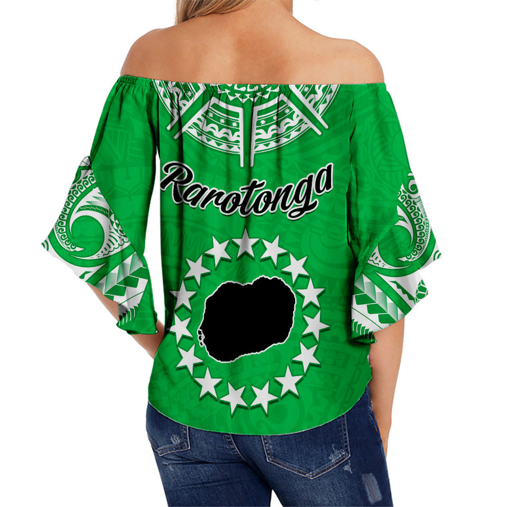 Rarotonga Cook Islands Off Shoulder Waist Wrap Top Turtle and Map Style Green