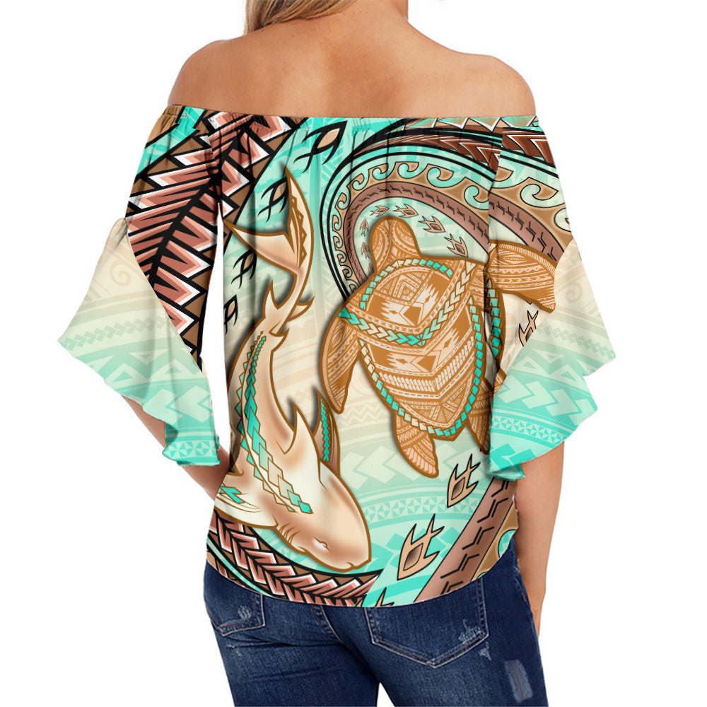 Hawaii Off Shoulder Waist Wrap Top Polynesian Shark And Sea Turtle Dreamy Turquoise Artsy