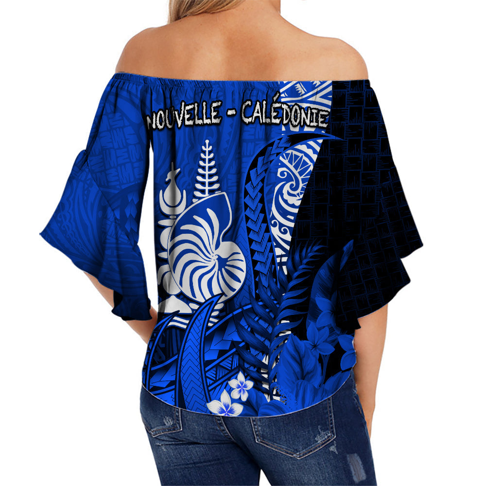 (Custom Personalised) New Caledonia Off Shoulder Waist Wrap Top Nautilus Blue Polynesian Hibiscus