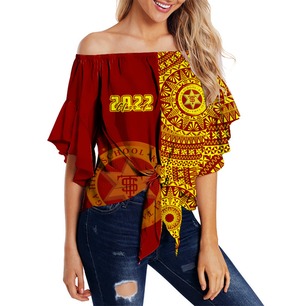 (Custom Text And Number) Tonga High School Off Shoulder Waist Wrap Top Class Of Year Tongan Ngatu Pattern