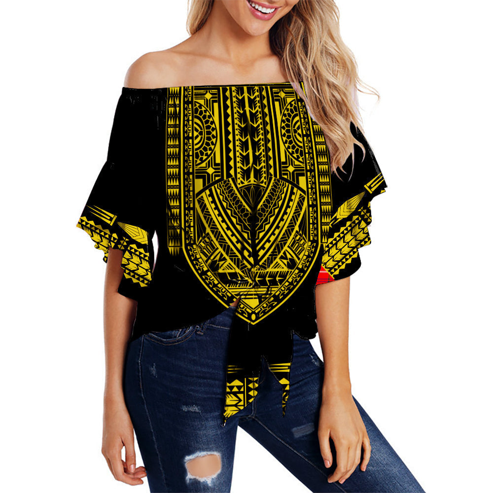 Polynesian Off Shoulder Waist Wrap Top Dashiki With Polynesian Tattoo Royal Golden Version