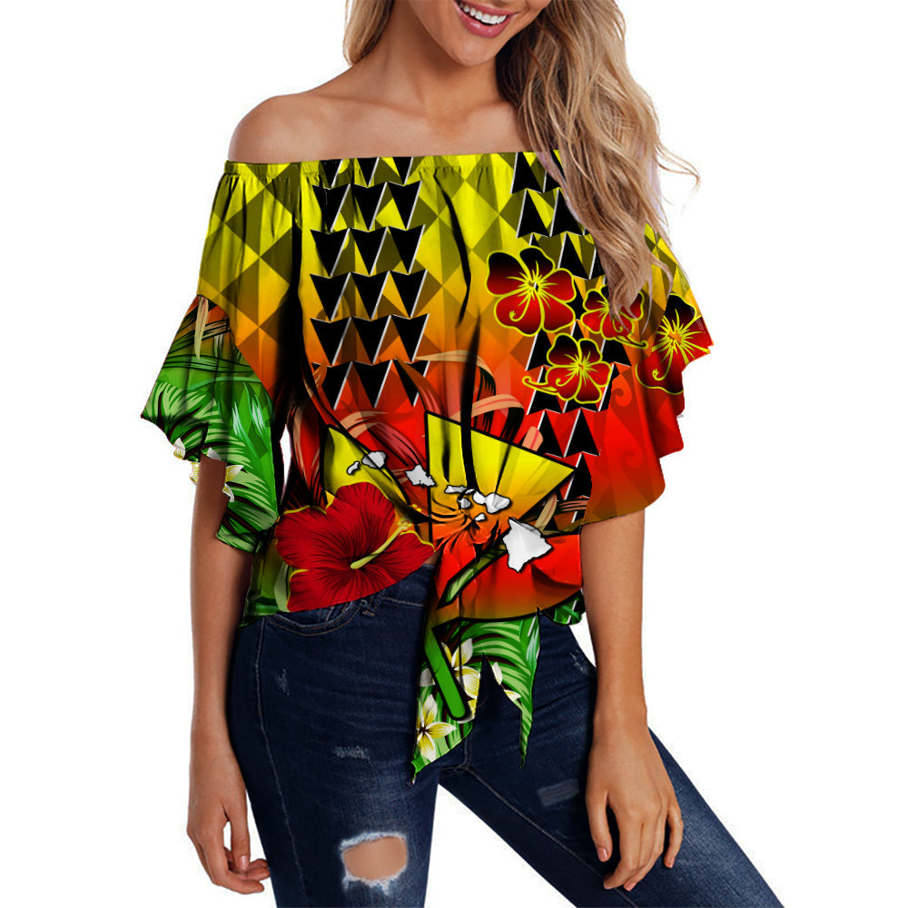 Hawaii Flowers Off Shoulder Waist Wrap Top Color Tribal Pattern Hawaiian