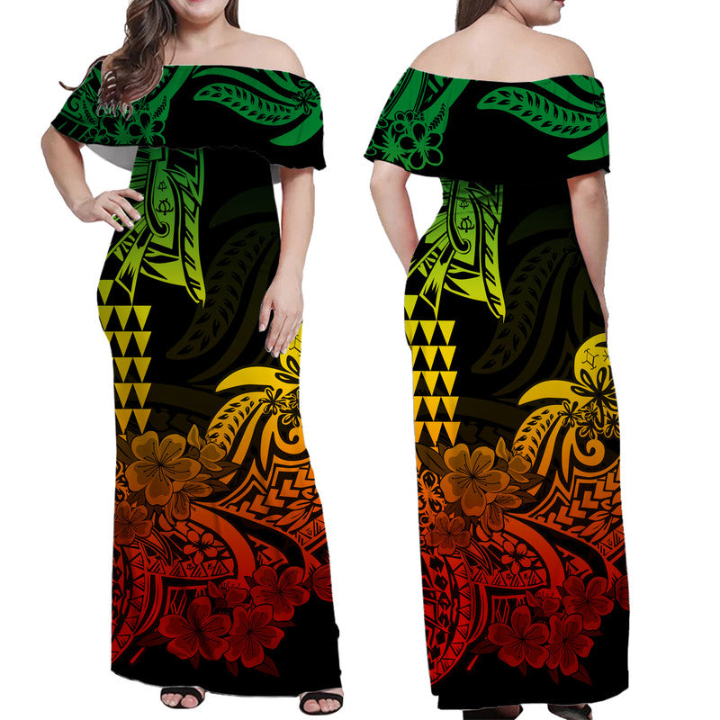 Hawaii Kakau Off Shoulder Long Dress Polynesian Floral Tribal Reggae Version