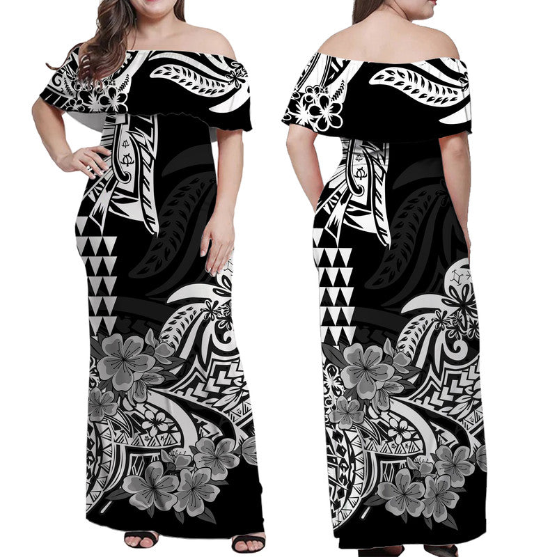 Hawaii Kakau Off Shoulder Long Dress Polynesian Floral Tribal Black Version