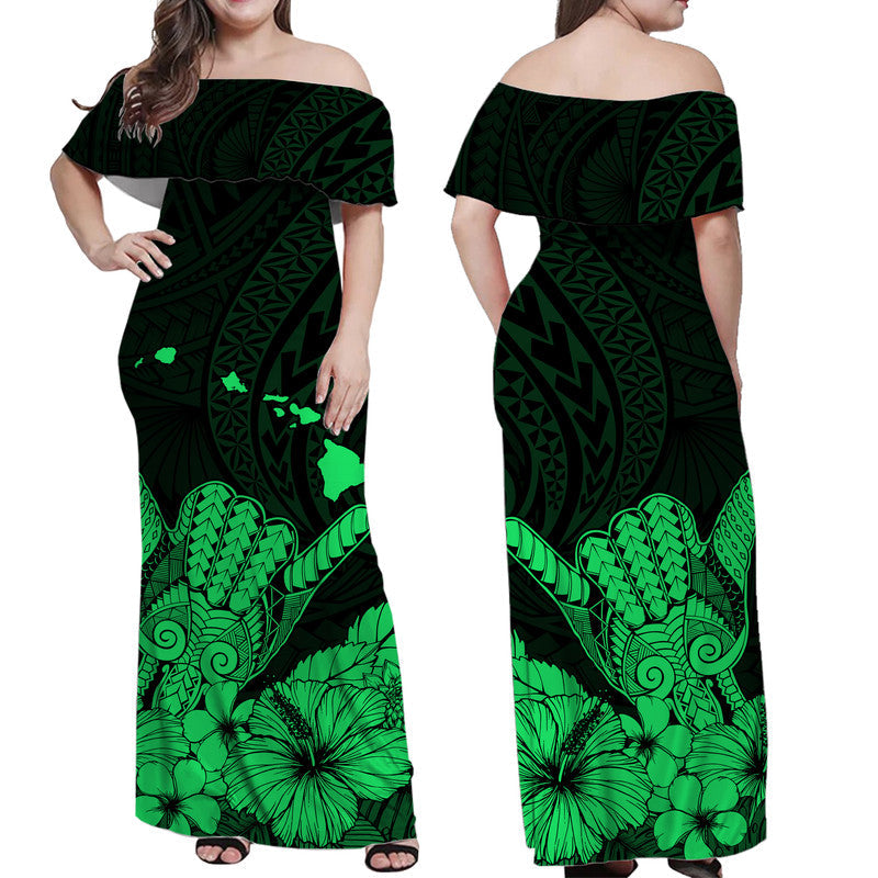 Hawaii Shaka Sign Off Shoulder Long Dress Green Version
