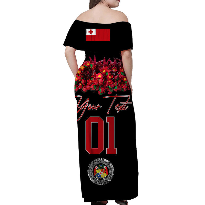 Custom Personalised Tonga Emancipation Day Off Shoulder Long Dress Independence Day Unique Kahoa Heilala Flower Black