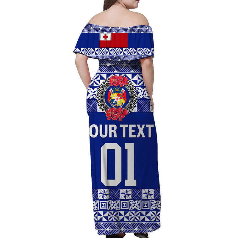 Custom Personalised Tonga Emancipation Day Off Shoulder Long Dress Independence Day Simple Ngatu Heilala Flower Blue