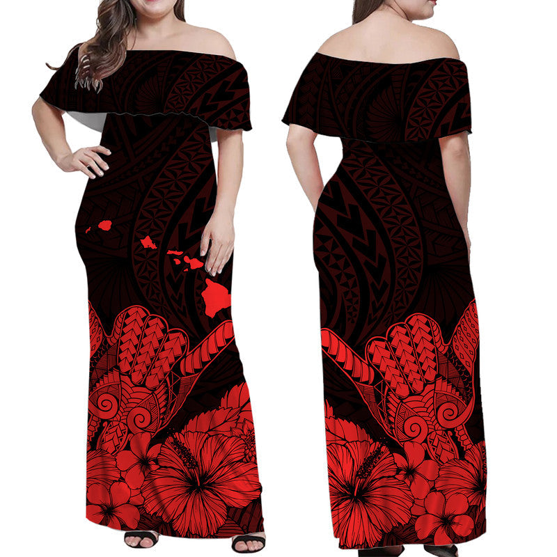 Hawaii Shaka Sign Off Shoulder Long Dress Red Version