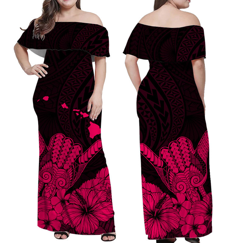 Hawaii Shaka Sign Off Shoulder Long Dress Pink Version