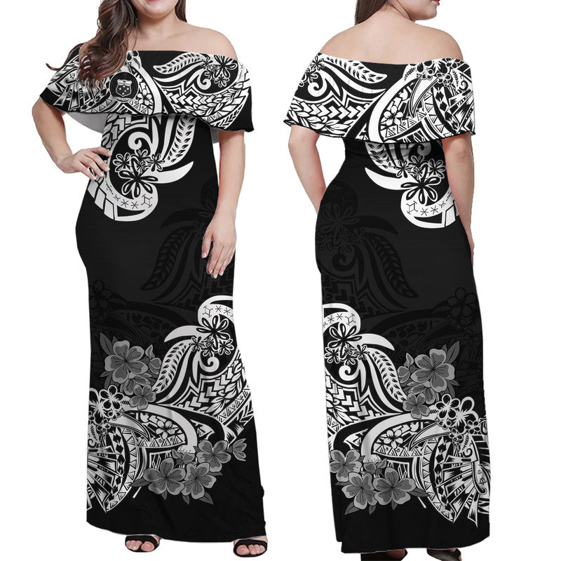 Polynesian Floral Tribal Off Shoulder Long Dress Black