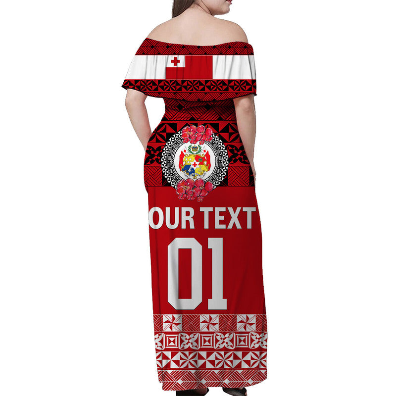 Custom Personalised Tonga Emancipation Day Off Shoulder Long Dress Independence Day Simple Ngatu Heilala Flower Red