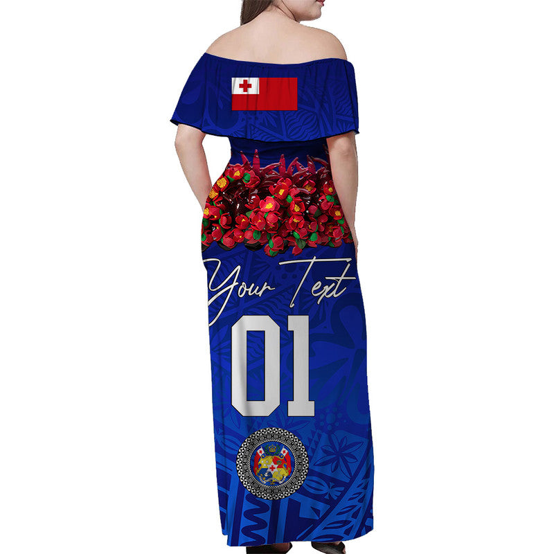 Custom Personalised Tonga Emancipation Day Off Shoulder Long Dress Independence Day Unique Kahoa Heilala Flower Blue