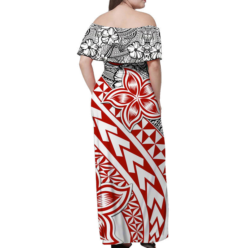 Traditional Polynesian Tribal Tattoo Retro Women Off shoulder Long Dress Red