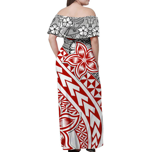 Traditional Polynesian Tribal Tattoo Retro Women Off shoulder Long Dress Red